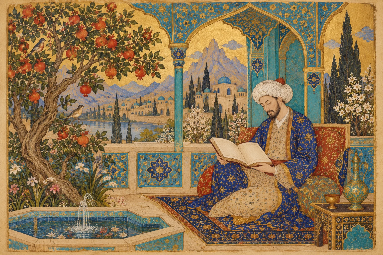 نگارهٔ خواننده‌ای در ایوان ایرانی، کنار درخت انار و آب