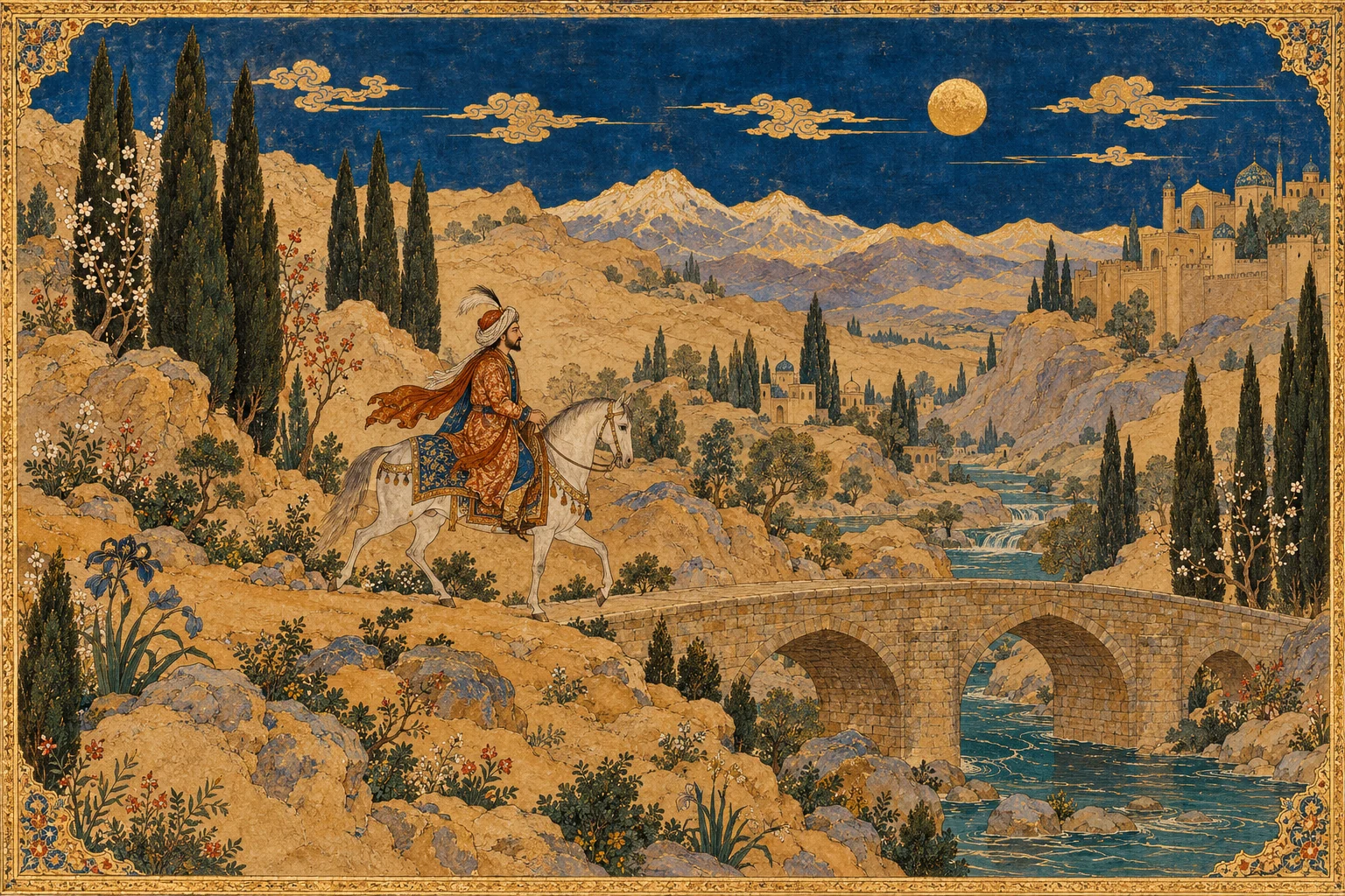 نگارهٔ سواری در راه کوهستان، کنار سرو و پلی کهن
